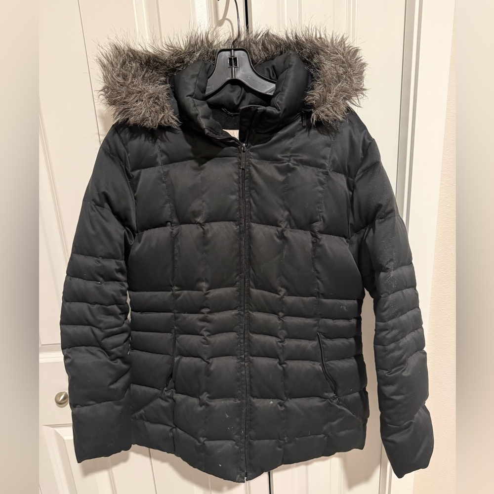 Calvin Klein Duck Down Parka Sz L Black Puffer jacket Coat Removable Hood